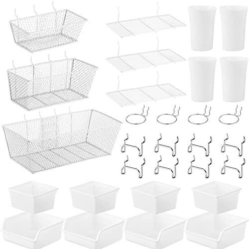 Sieral 30 Pcs Pegboard Organizer Accessories Kit Includes Peg Board Shelving Storage Basket Organizer Bins Hooks Loops Cup with Cup Holder for Garage Room Wall Attachments Tools(White, Silver) - color: White, Silver