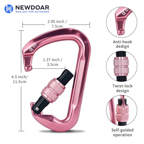 NewDoar CE Certified 30kN-6744lbs Climbing Carabiner Professional, Heavy Duty D Screwgate Clip, for Climbing,Rappelling,Hunting, Rescue - color: Screwgate/Pink/2pcs