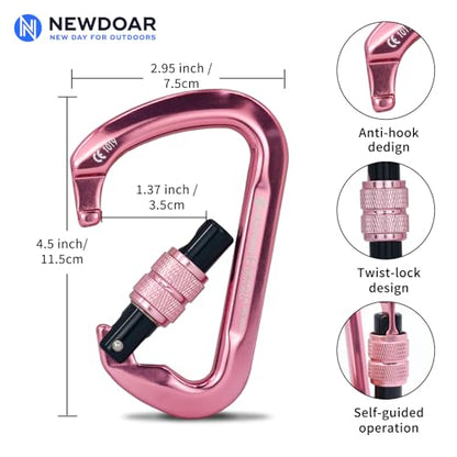 NewDoar CE Certified 30kN-6744lbs Climbing Carabiner Professional, Heavy Duty D Screwgate Clip, for Climbing,Rappelling,Hunting, Rescue - color: Screwgate/Pink/2pcs