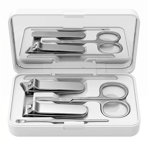 5-in-1 Manicure Set for Women Men with Built in Mirror, Fingernail Toenail Clippers Stainless Steel Manicure Pedicure Kit w/Angled Trimmer Professional Nail Grooming Kit with Portable Travel Box - color: 5pcs-built-in Mirror