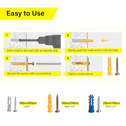 140PCS Drywall Anchors and Screws Kit, 3 Sizes Plastic Wall Anchors | Plastic wall anchors with Phillips screws, 140PCS 3-size kit for drywall, sheetrock and home installation projects. - style: 140 Pcs