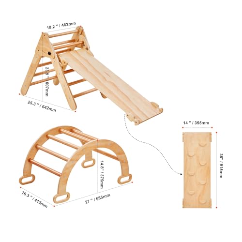 Happybuy 5-in-1 Toddler Climbing Set, Montessori Pikler Triangle, Ramp & Arch, Medium Wooden Playground for 1-3 Years, Indoor Climbing Gym, Wood Color