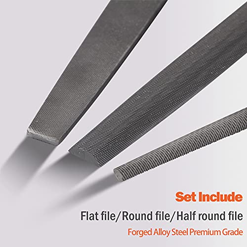 KSEIBI 311485 Metal File Set with High-Carbon Steel Blades - Ergonomic Soft-Grip Handles, 8-Inch Files in Flat, Round, and Half-Round Shapes for Wood and Metal Work