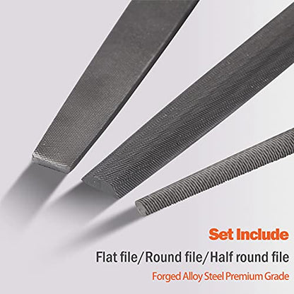 KSEIBI 311485 Metal File Set with High-Carbon Steel Blades - Ergonomic Soft-Grip Handles, 8-Inch Files in Flat, Round, and Half-Round Shapes for Wood and Metal Work