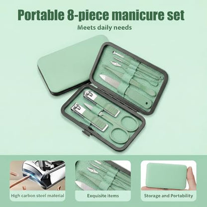 Manicure Kit for Women Men-Manicure Set with Case, Nail Clippers, Portable Nail Care Kit for Travel Home Personal Grooming（Green 8 in 1） - color: Green1