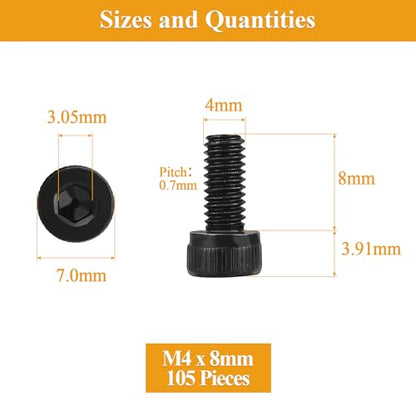 105 Pieces M4 x 8mm Socket Head Cap Screws, Thread Pitch 0.7mm, Sutemribor M4 Black Screws, 12.9 Grade Alloy Steel, Black Oxide Finish, Fully Threaded - size: M4 x 8mm, style: Socket Head