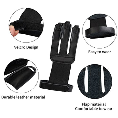 3-Finger Leather Archery Glove, Shooting Finger Guard | Smooth draw feel, reinforced stress zones, lightweight fit, easy on & off, durable wear resistance, fits recurve bow training - color: Black