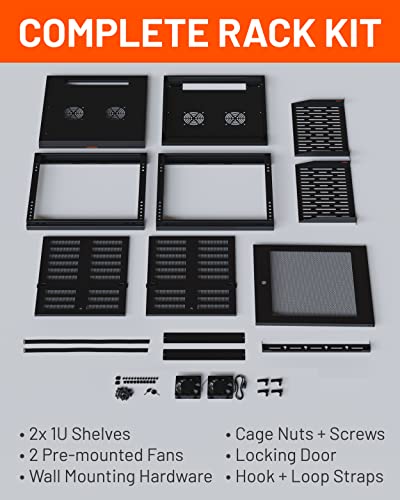 ECHOGEAR 12U Network Rack w/Enclosed Design, Easy Install, 600mm Depth | Enclosed server rack includes pre-mounted fan, 2x 1U shelves, lockable door, wall mountable design, all hardware for install - size: 12U