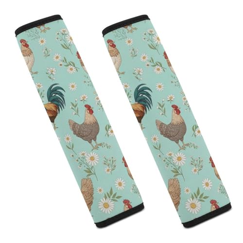 Universal Fit Car Seat Belt Pad for Elderly Support, All Vehicles, 2 Piece Chicken Green Floral Daisy Rooster Automotive Seat Belt Protector Pressure Relief - color: Pattern 843