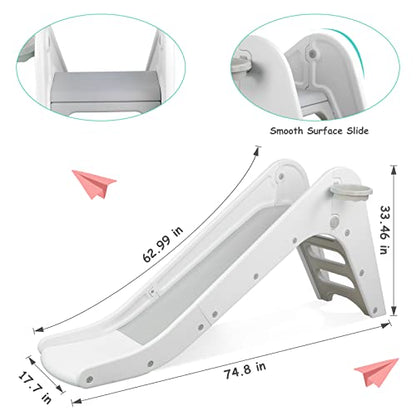 Toddler Indoor Slide, Foldable Baby Climber Playset with Basketball & Hoop | 63 in Extra Long Slope, Non-Slip Steps, Sturdy Plastic, Outdoor Playground for Backyard, Home & Playroom Use, Grey White - color: Grey White