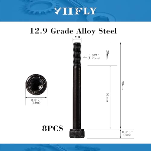 M8-1.25 x 90mm Socket Head Cap Screws, M8 Bolts, 12.9 Grade Alloy Steel, Allen Socket Drive, Black Oxide Finish, Half Thread, Quantity 8 - size: M8 x 90mm(8PCS)