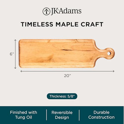 J.K. Adams Maple Artisan Plank Serving Board with Handle, 20" x 6" | Wood Charcuterie & Cheese Board, Wooden Tray for Food Prep and Presentation - size: 20"L x 6"W