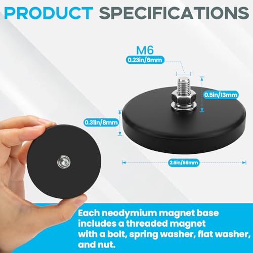 E BAVITE 12PCS Strong Rubber Coated Mounting Magnets with M6 Threaded,65LBS | Anti-Scratch Mounting Magnet Magnetic Non-Slip Strong Magnet for Lighting Bar, Additional Mirrors and Camera - size: M6-2.6in-65LBS