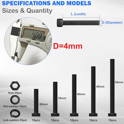 mxuteuk 220PCS M4 Screws Assortment Set,M4 x 30/35/40/45/50mm Hex Socket Head Cap Screws Bolts Nuts Kit,12.9 Grade Alloy Steel M4 Bolts with Hex Wrench - size: 220PCS M4 x 30/35/40/45/50mm, style: Hex Socket Head