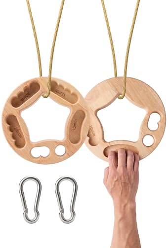 Portable Hangboard for Rock Climbing, 2-Pack Fingerboard Rings | One-piece solid wood rings with 10-25 mm edges, finger pockets, ropes and carabiners for grip and bouldering training