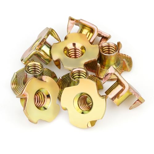 100pcs 1/4"-20 T-Nuts, Yellow Zinc-Plated Steel 5/16" Barrel Length | Corrosion Resistant, 4-Pronged Tee Nut for Wood, Rock Climbing Holds, Cabinetry - size: 1/4"-20 100pcs, Yellow
