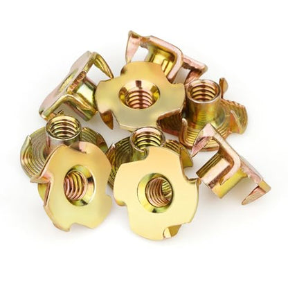 100pcs 1/4"-20 T-Nuts, Yellow Zinc-Plated Steel 5/16" Barrel Length | Corrosion Resistant, 4-Pronged Tee Nut for Wood, Rock Climbing Holds, Cabinetry - size: 1/4"-20 100pcs, Yellow