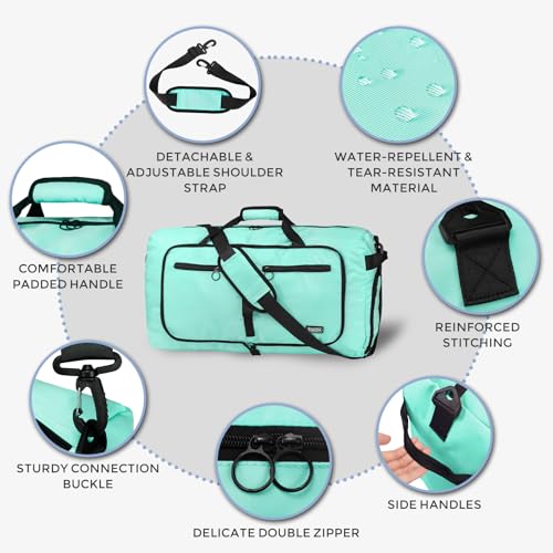 Fmeida 65L Duffle Bag with Shoes Compartment, Foldable Travel Duffel Bags for Men Women, Large Packable Travel Bag Water Repellent & Tear Resistant (Mint Green) - color: Glossy Mint Green
