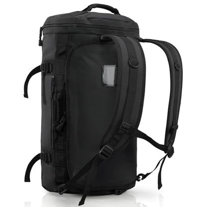 Haimont Heavy Duty Convertible Travel Duffel Backpack, Black, 45L | Shoe Compartment, Water-Resistant Tarpaulin, Wide U-Shaped Opening - color: Black, size: 45L