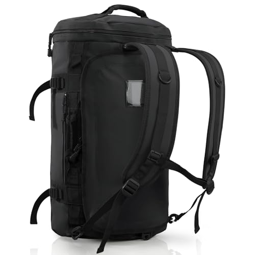 Haimont Heavy Duty Convertible Travel Duffel Backpack, Black, 45L | Shoe Compartment, Water-Resistant Tarpaulin, Wide U-Shaped Opening - color: Black, size: 45L
