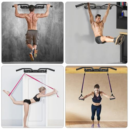 SELEWARE Heavy Duty Welded Pull Up Bar Wall/Joist/Ceiling Mount Chin Up Bar | Multifunctional Pull-up Bars w/Resistance Band Hooks for Home Gym Strength Training, Sturdy Steel Construction Support 500 lb - color: C1: Black Wall Mount Pull Up Bar