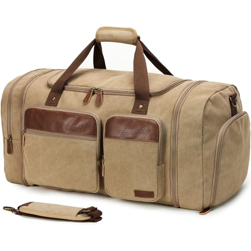 Canvas Duffle Bag for Travel 65L Expandable, Brown | Travel Duffel Bags for Men Women, Overnight Weekend Gym Bag with Shoes Compartment - color: Brown, size: Extra Large 65 L
