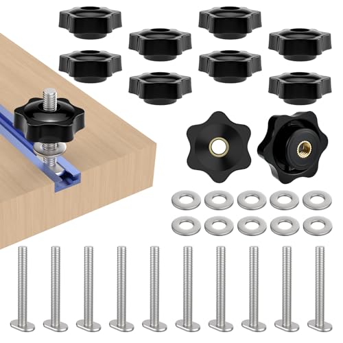 10 Packs 1/4-20 T Track Knob Kit, T-Track Accessory Includes 2" Hex Thread Knob Nuts with Washers and Star Knobs for Woodworking Jigs and Fixtures - size: Medium