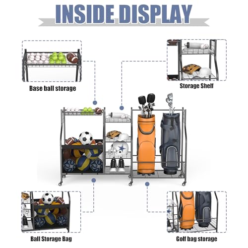 WALMANN Golf Bag Storage Rack with Wheels, Rolling Sports Equipment Organizer, Large Capacity Garage Storage Cart for Balls, Golf Bags - style: Rolling Stand for 2 Bags