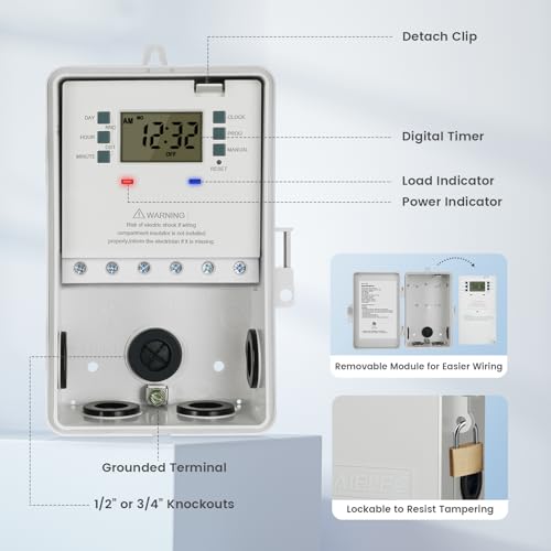 SURAIELEC Pool Timer, 7-Day Digital Pump Timer Switch, 40 AMP Heavy Duty, 120/240/277 VAC, 2HP Programmable Switch Box for Swimming Pool, Hot Water Heater, Lights, Outdoor/Indoor Use