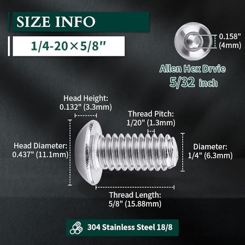 1/4-20 x 5/8" Button Head Socket Cap Bolts Screws, 304 Stainless Steel 18-8, Allen Hex Drive, Bright Finish, Fully Machine Thread, Pack of 50 - size: 1/4-20 x 5/8