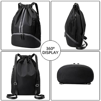 Valleycomfy Sports Drawstring Backpack - Water Resistant String Bag Grey | with Side Mesh Pockets Shoe Compartment Gym Backpack for Women & Men - color: A-grey