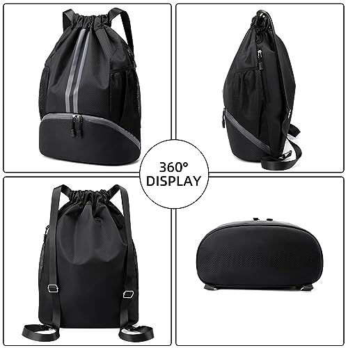 Valleycomfy Sports Drawstring Backpack - Water Resistant String Bag with Shoe Compartment Gym Backpack for Women & Men Dark Grey - color: A-dark Grey