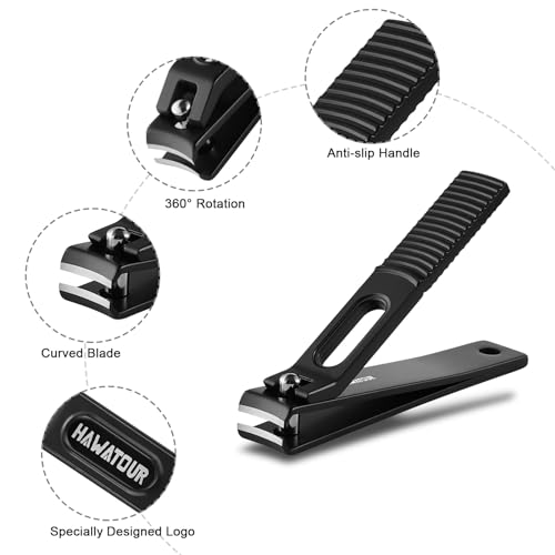 HAWATOUR Nail Clippers Set Zinc Alloy 420J2 Stainless Steel, Black | Ultra Sharp Curved Blade, Fingernail and Toenail Clipper, Visibly Tin Case, Cut-Out Design