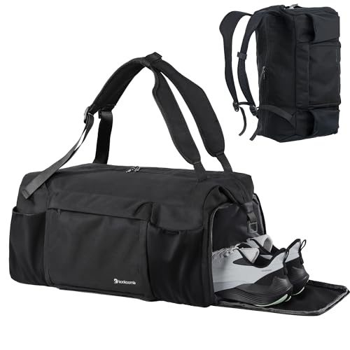 Small Gym Bag for Men with Shoes Compartment and Wet Pocket Convertible Duffle Bag and Gym Backpack Waterproof Sports Bag with 2 Bottle Holders Weekender Overnight Bag - Black - color: Black, size: Medium