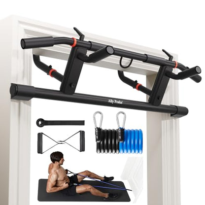 Ally Peaks Pull Up Bar for Doorway，Adjustable Handle Width Pullup Bar with 2Pcs Exercise Resistance Bands，New 2026 Upgraded At Home Workout Equipment Chin Up Bar，Multiple Original U.S. Patents