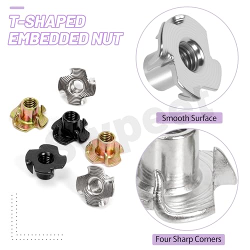 Swpeet 50Pcs M6×10 Color Zinc Plated T-Nuts, 4-Pronged Tee Nut, Threaded Inserts, Bolt Dropper T-Nut Wood Insert for Furniture, Cabinet, Wood, Rock Climbing Holds - color: Color Zinc
