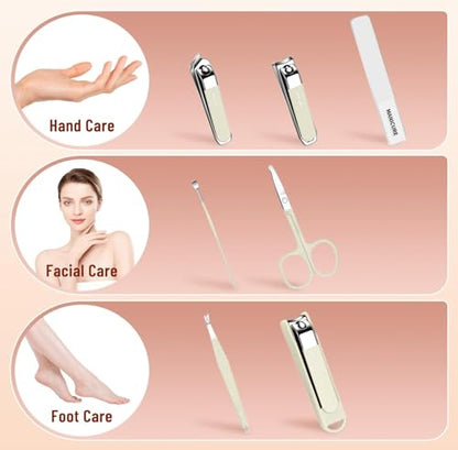 8 Pcs Nail Clipper Set,Stainless Steel Manicure Pedicure Collection White | Portable Anti-Splash Tools for Daily Nail Care, Compact Travel Essential for Home Use,Coffee Brown - color: White
