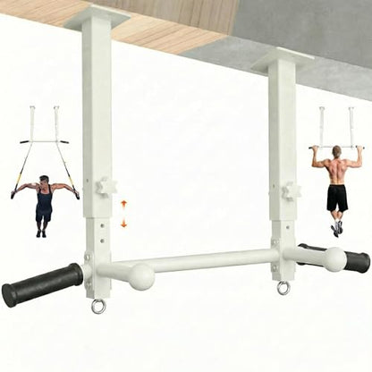 Ceiling Mount Pull Up Bar for Garage/Basement/Rafter - Heavy Duty 800LBS Adjustable Height Multi-Grip Chin Up Bar,Ceiling Joist/Beam - color: White