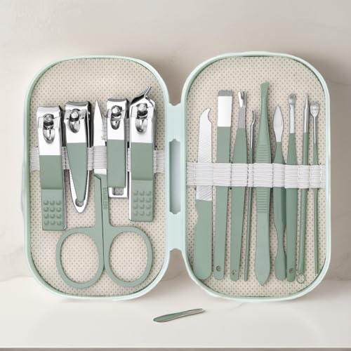 Manicure and Pedicure Kits 14PCS Stainless Steel Nail and Foot Care Tools Set for Nail Care, Including Nail Clippers and Shaping Tools with Portable Storage Box（Green）