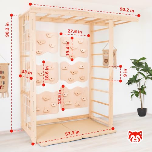 Wood And Hearts 7-in-1 Swedish Ladder Big Bridge Indoor Gym for Kids Active Play – Monkey Bars, Climbing Wall, Rope Accessories & Play Mats (6 Climbing Wall Panels)