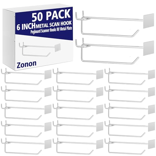Zonon 50 Pack 6 Inch Metal Scan Hooks with Label Holder for 1/4" Pegboard, Heavy Duty Galvanized Peg Board Tool Hangers, Pegboard Shelving Hooks with Price Tag, Retail Store Display Wall Accessories - size: 6 Inch