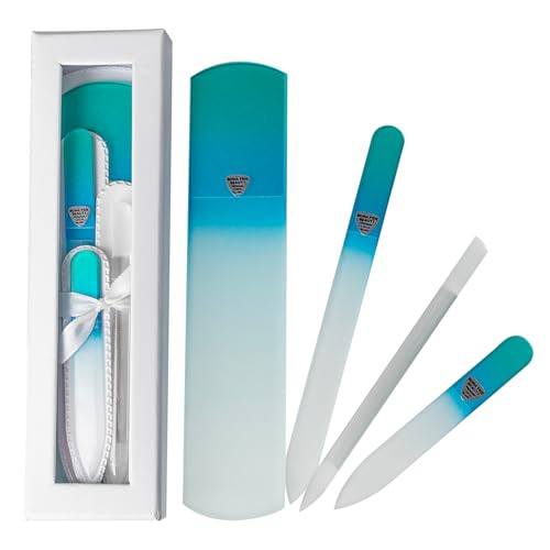 Bona Fide Beauty Czech Glass Gift Set: Foot File, Nail File, Cuticle Pusher | Aqua color set: genuine Bohemian crystal glass set includes protective cases and sleeves. Reusable and easy to clean. - color: Blue