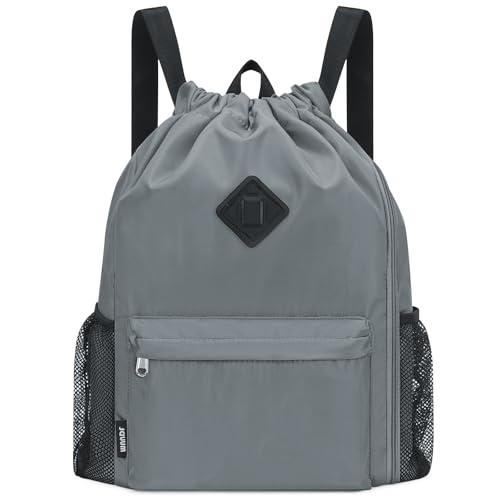 WANDF Drawstring Backpack with Shoe Compartment, Sports Gym Bag | Multi-Pocket Storage, Water-Resistant Fabric, Cinch String Bag - color: L, Grey, size: Large