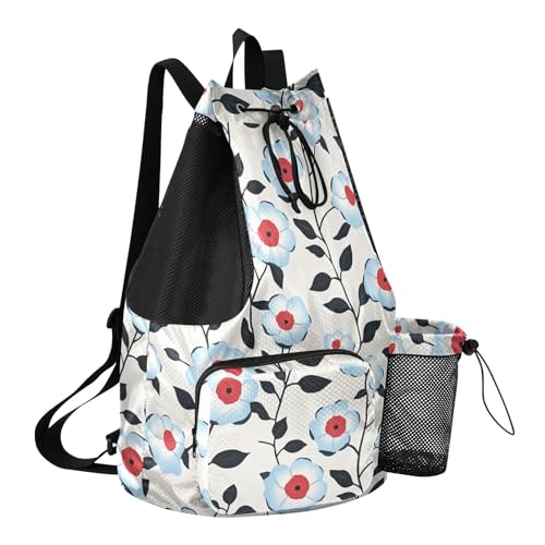 Drawstring Gym Bags For Men Women Climbing Gym Bag With Inside Pockets Cinch Back Sack Waterproof Light Blue Flora Pattern Minimalist Style Gray