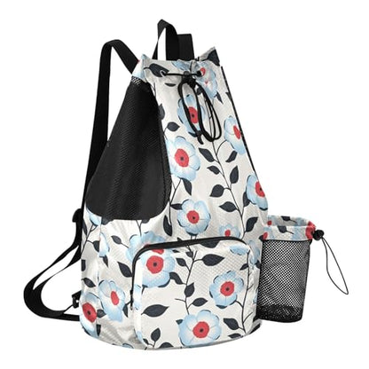 Drawstring Gym Bags For Men Women Climbing Gym Bag With Inside Pockets Cinch Back Sack Waterproof Light Blue Flora Pattern Minimalist Style Gray