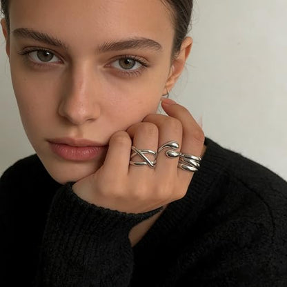 YEEZII Chunky Gold Rings for Women Non Tarnish, 18K Gold Plated Stackable Thumb Ring, Statement Women Rings Set - color: Silver-3Pcs