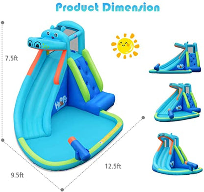 OLAKIDS Inflatable Water Slide, Hippo Themed Bounce House Water Park with Slide Splash Pool Climbing Wall Water Gun, Outdoor Inflatable Obstacle Course Jumping Castle for Kids Backyard - style: without Blower