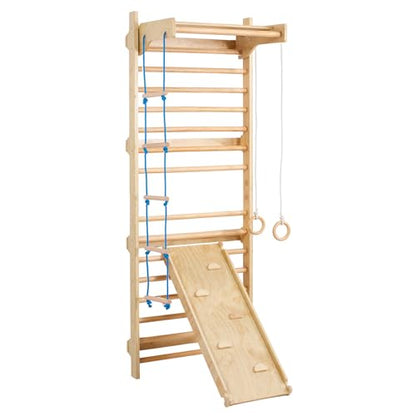 VEVOR Swedish Wall Gym, 15-Level 5 in 1 Wooden Indoor Jungle Gym, 220 lbs Load Capacity Playground Climbing Toys with Pull-Up Bar, Gymnastic Rings, Wall Ladder, Rope Ladder, and Slide Board - style: 15-Level 5 in 1