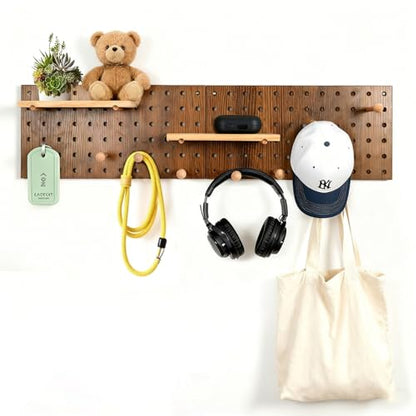 Brown Wood Pegboard Modular Set of 2 | Includes wall hooks & shelf, for home/office/bathroom storage - color: Brown