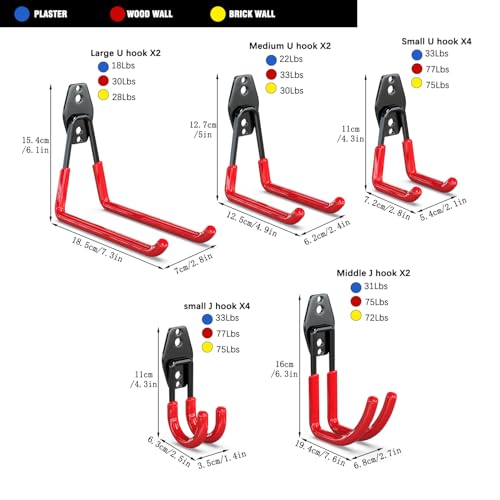 3-H Garage Wall Hooks 14 Pack,Garage Hooks Heavy Duty with Extra Welding Spots,Garage Hooks for Hanging,Garage Organizer for Garden,Lawn,Yard Tools,Chairs,Ladders,WeedEater,Shovel,Blower(Red) | Multi-Purpose Garage Hooks to Organize Garden Lawn Tools, Spo